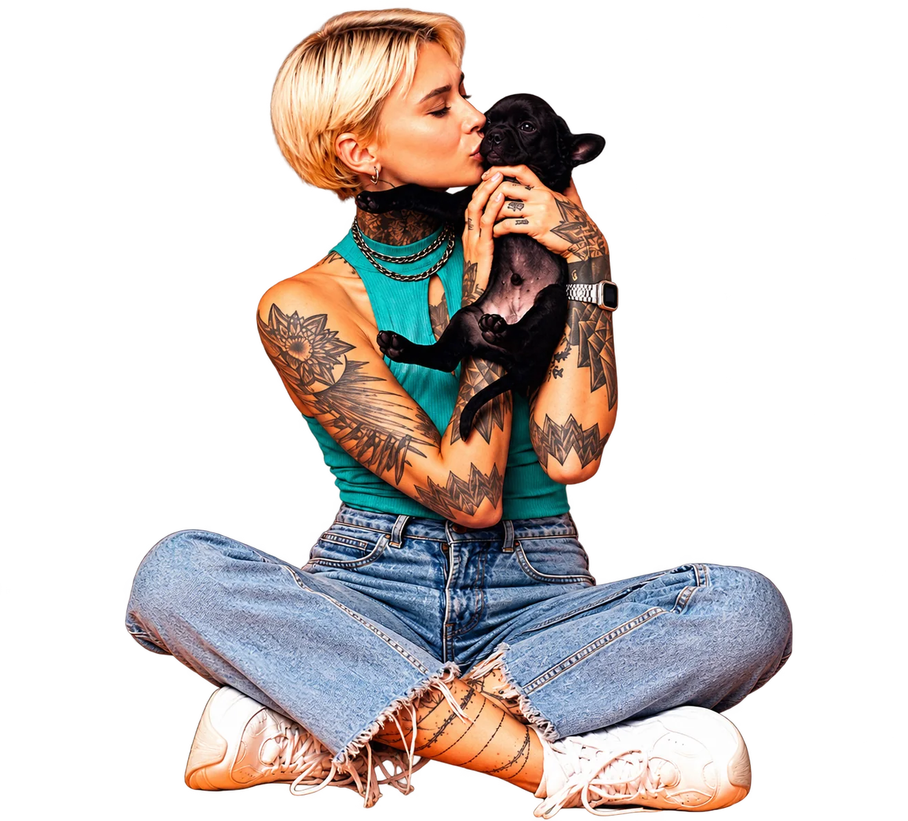 A pet parent with short blonde hair kissing a black French bulldog puppy